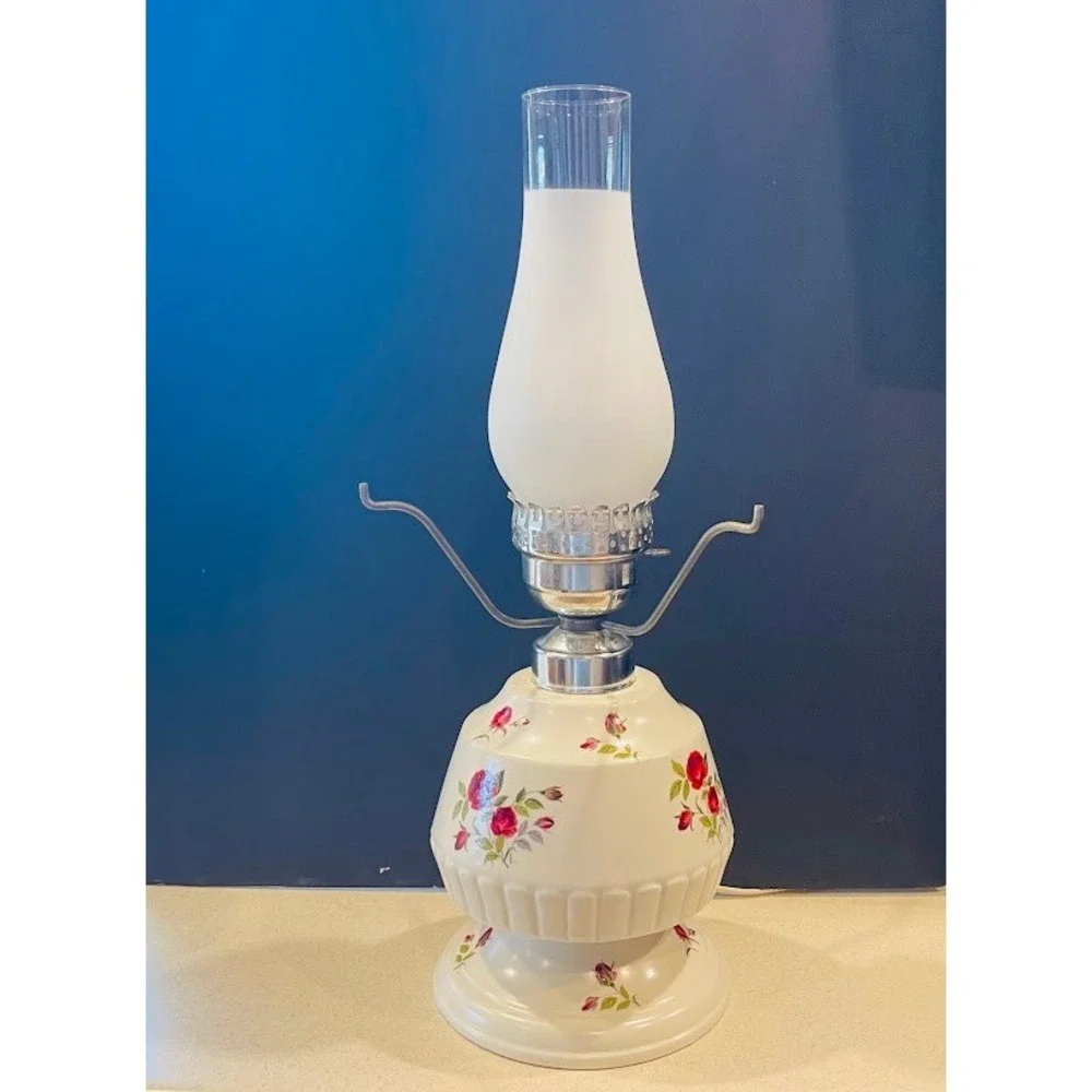 Vintage Hurricane Lamp White Red Floral Milk Glass Shade Electric 18 Inch Rose